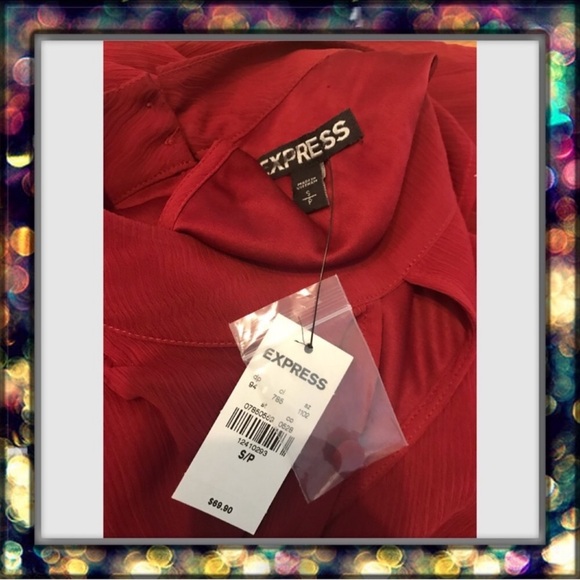 {Express} Cut Out Chock Mock Neck Sheath Red Mini Flowy Ruffle Dress - Picture 7 of 7